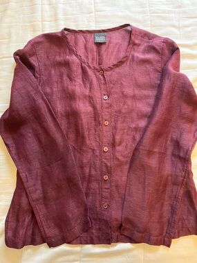 Eileen Fisher Wine colored Button-Up Linen Silk Top